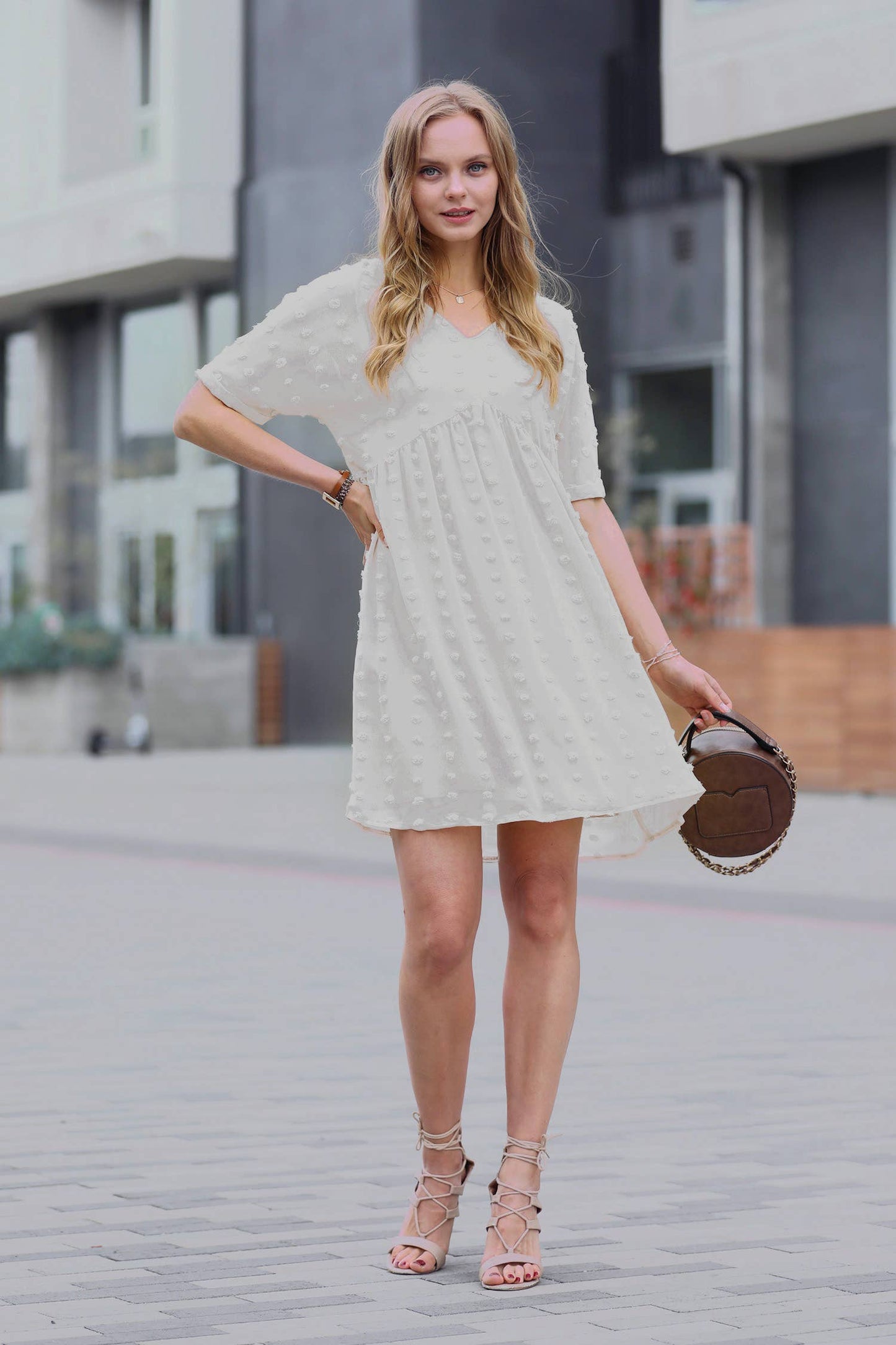 ..SI-24057 Swiss Dot Babydoll V Neck Dress