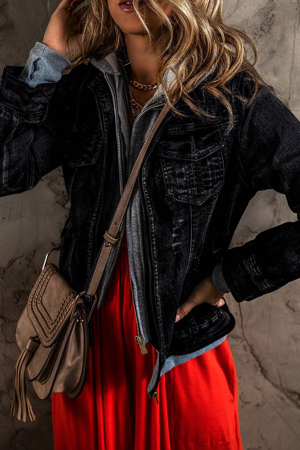 Two-Piece Hooded Zip-Up Denim Jacket