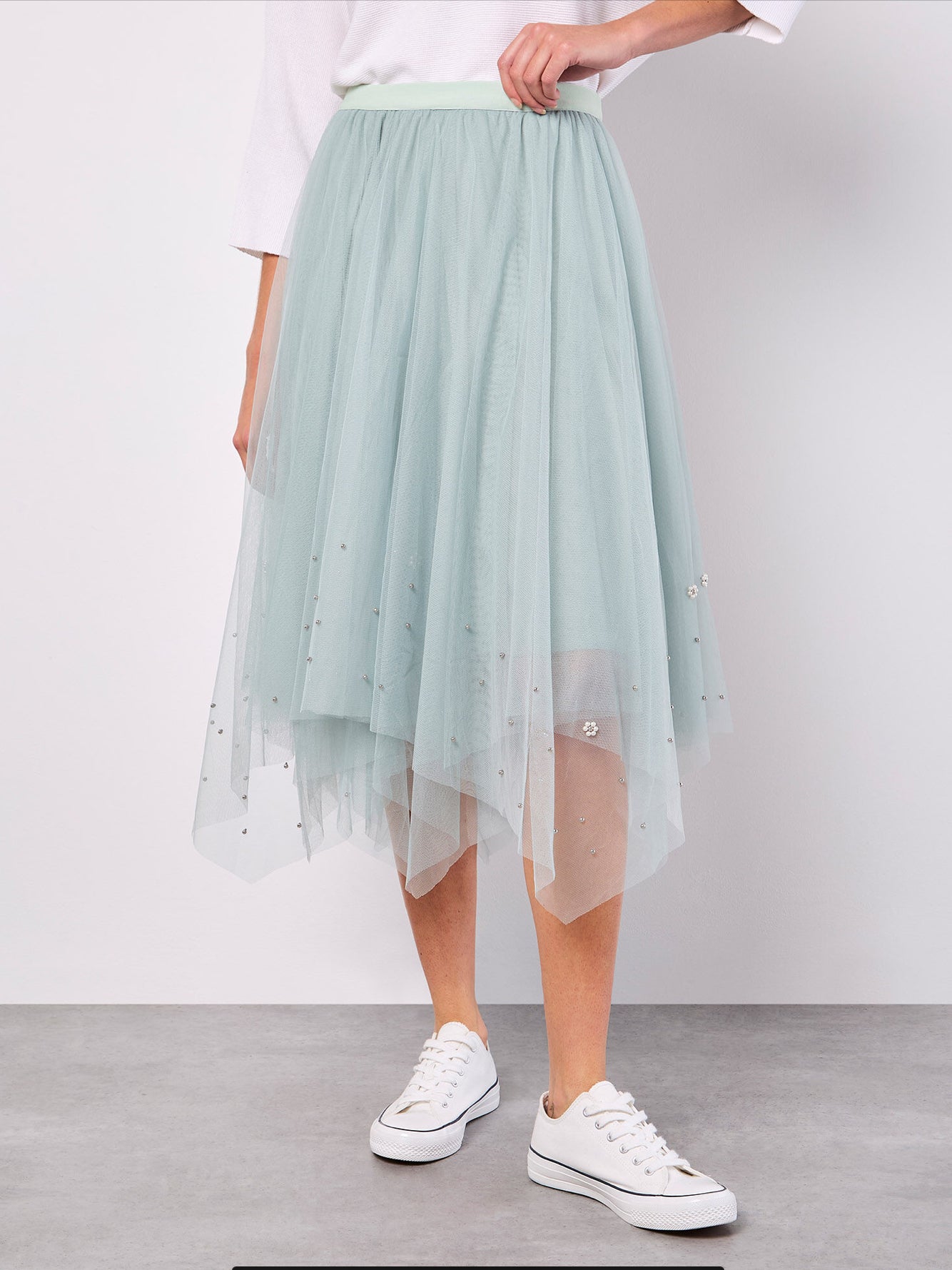 Apricot Pearl EmbellishedTulle MIDI Skirt