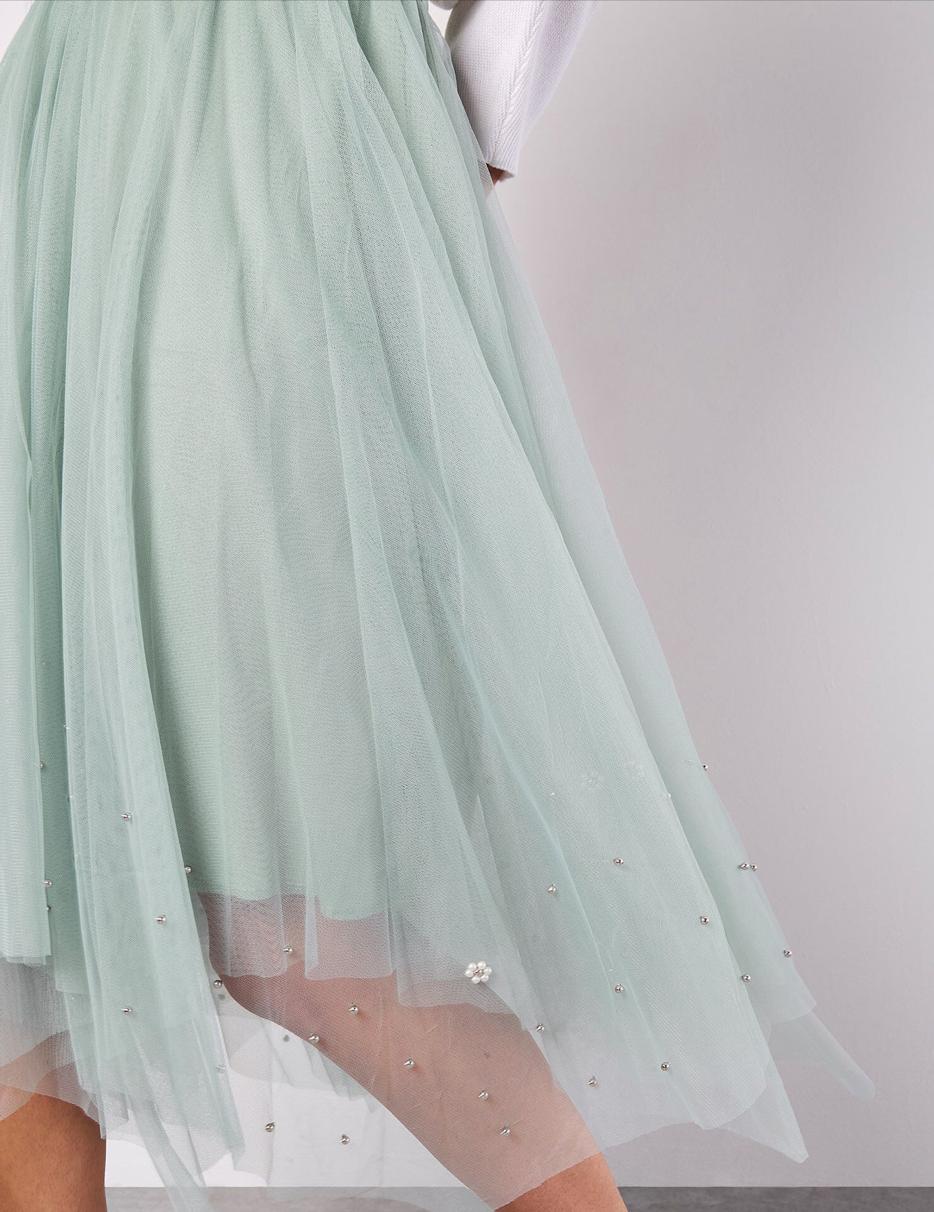 Apricot Pearl EmbellishedTulle MIDI Skirt