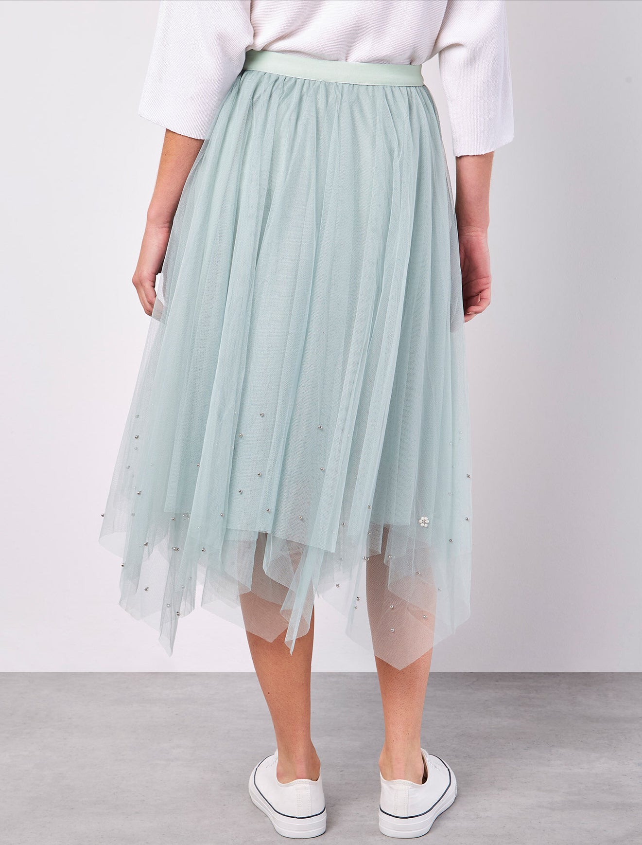 Apricot Pearl EmbellishedTulle MIDI Skirt