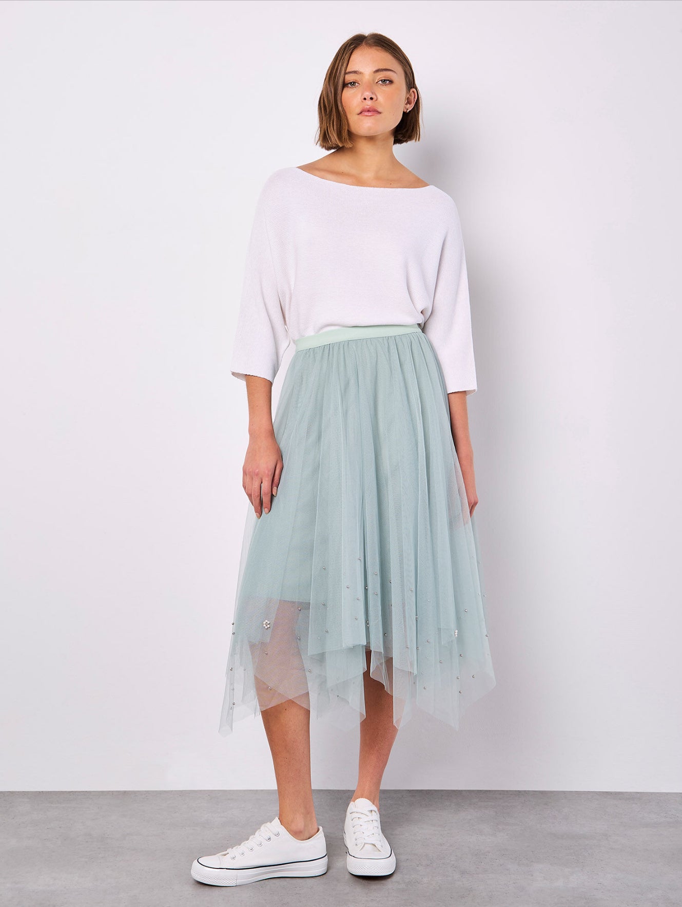 Apricot Pearl EmbellishedTulle MIDI Skirt