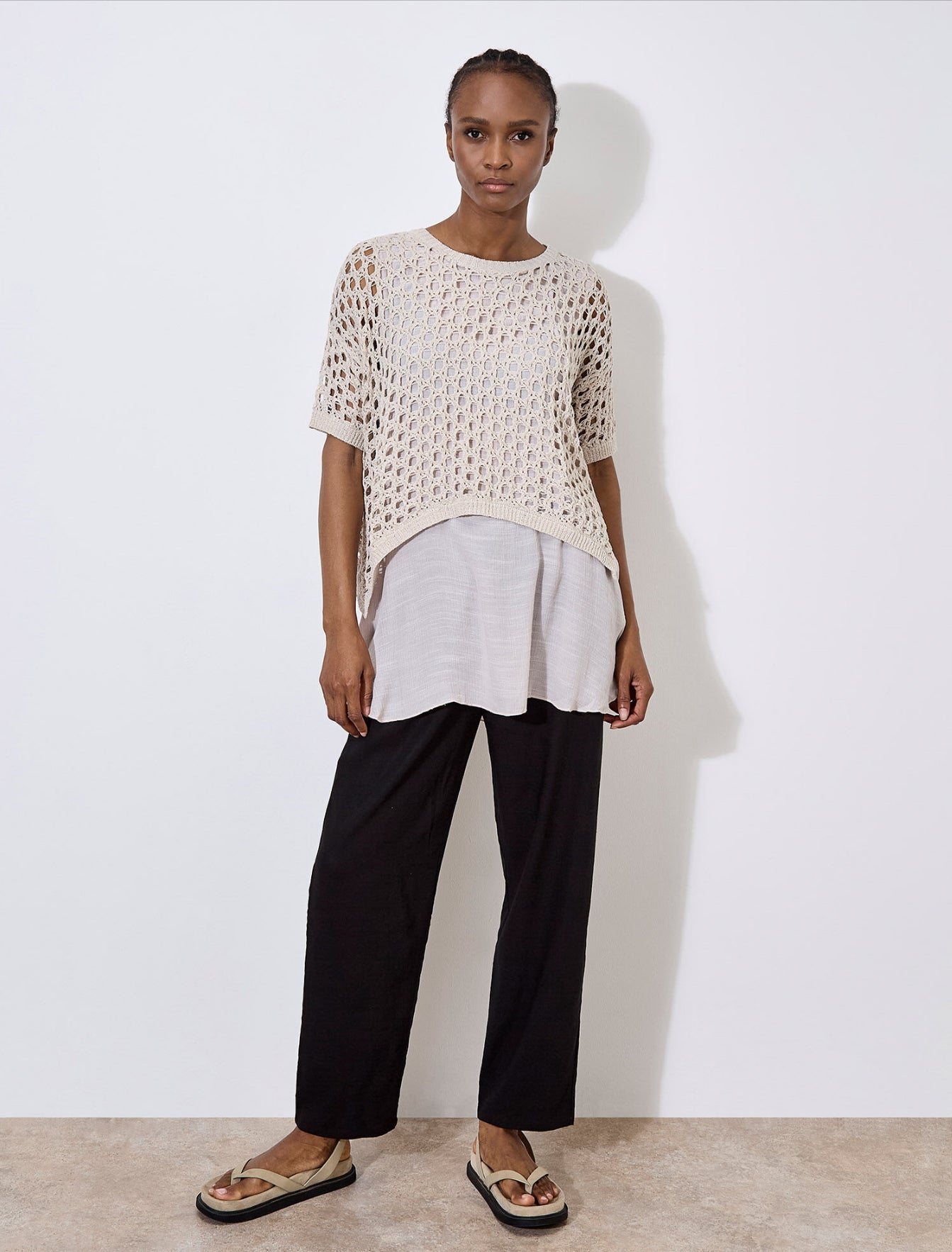 Apricot Knitted Layered Mesh Tunic Top