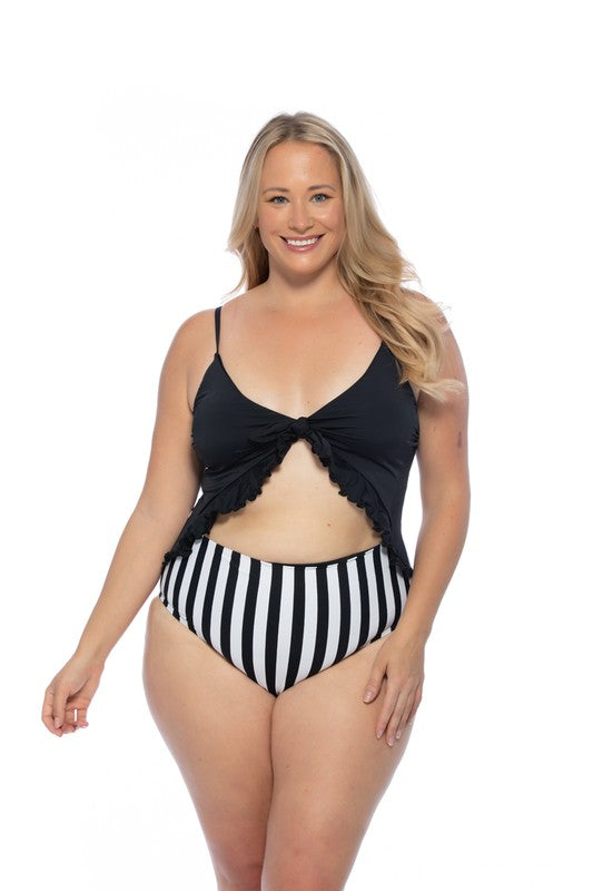 BLACK AND STRIPED CUTOUT ONE PIECE SWIMSUIT Blushing Moon Boutique