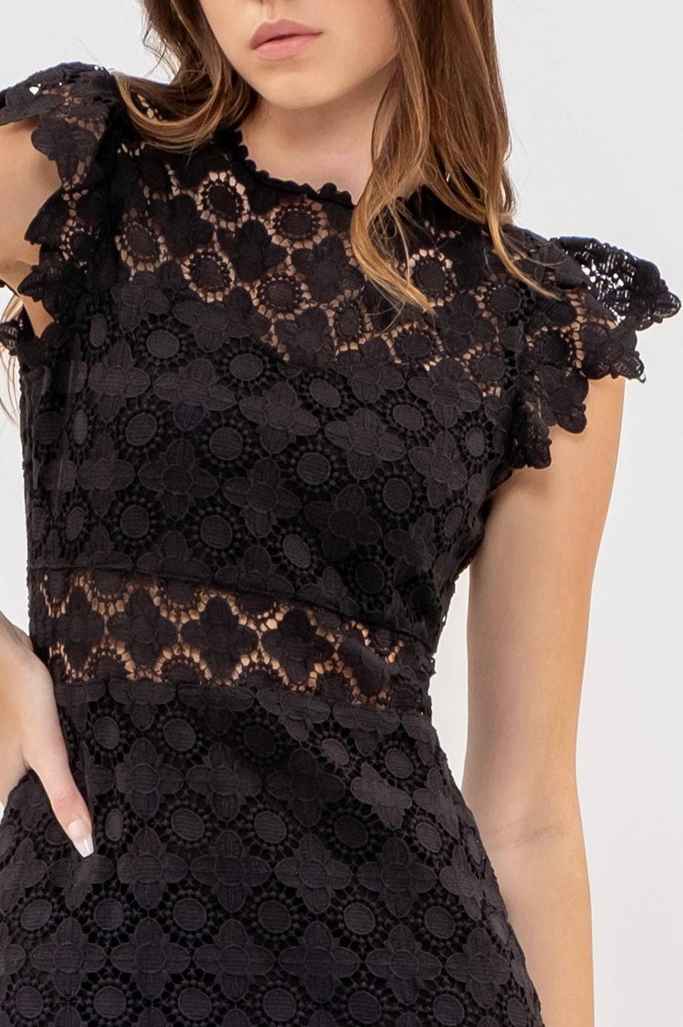 EYELET LACE RUFFLE MIDI DRESS