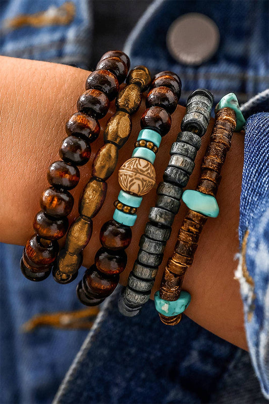 Boho Turquoise Wooden Beaded Multi Layer Bracelet Set