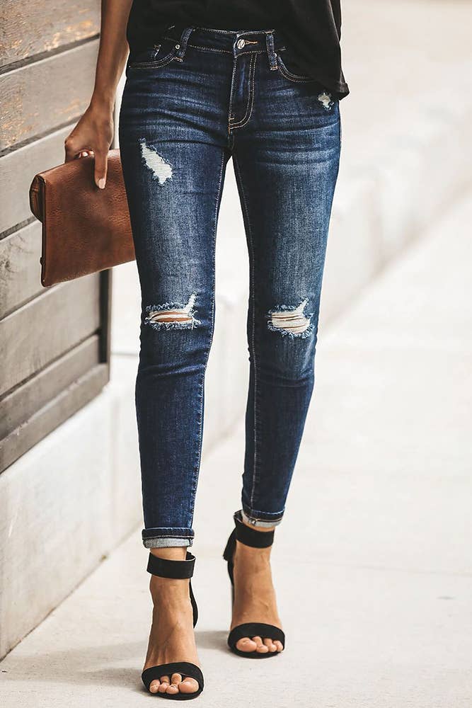 Distressed Ripped Slastic Skinny Jeans