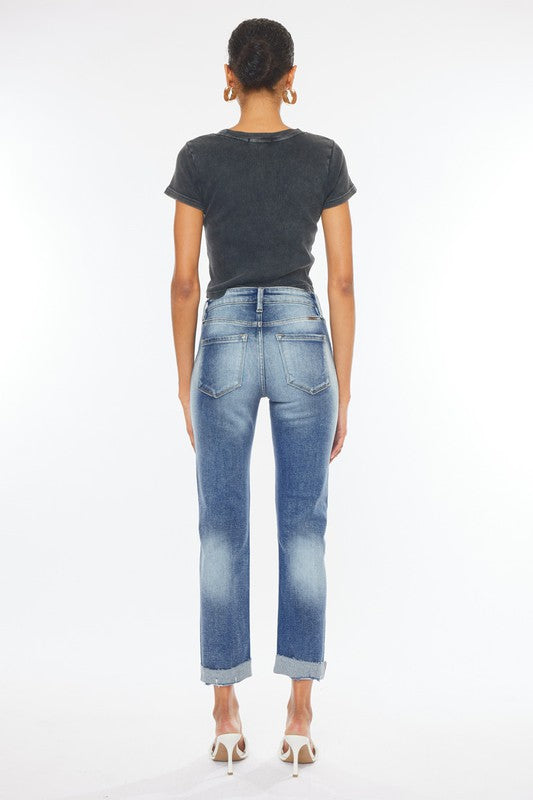 High Rise Cuffed Slim Straight Jeans