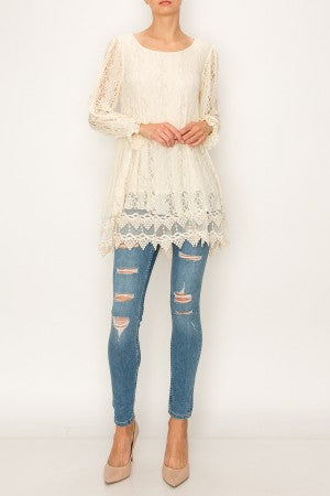 LACE TUNIC TOP LONG SLEEVE WITH LACE TRIMMING