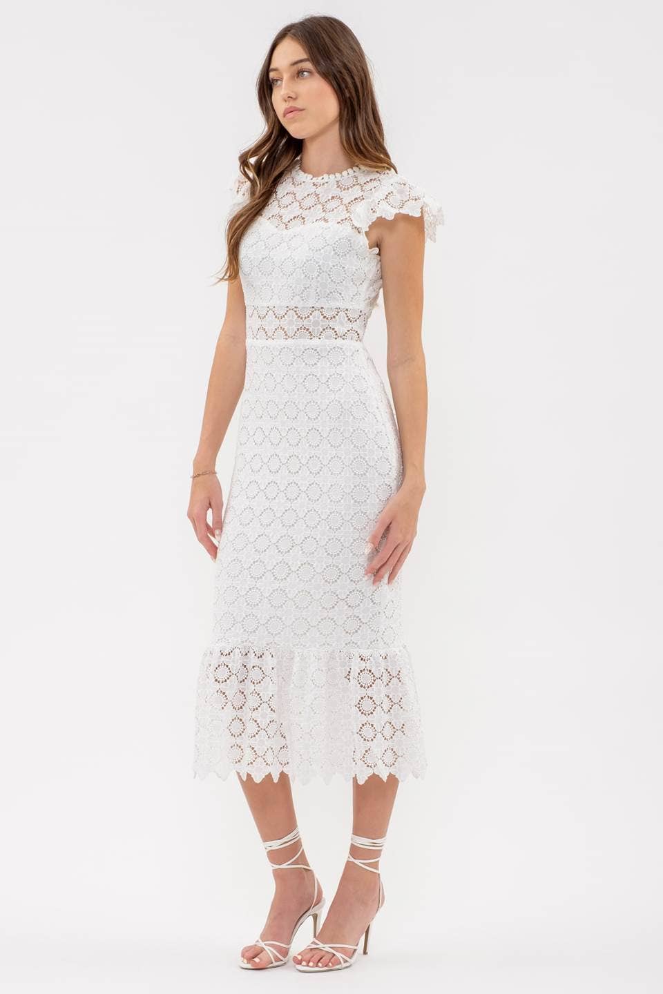 EYELET LACE RUFFLE MIDI DRESS