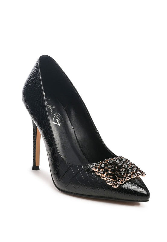 CIRRUS STILETTO CRYSTAL BROOCH PUMPS Blushing Moon Boutique & Studio LLC