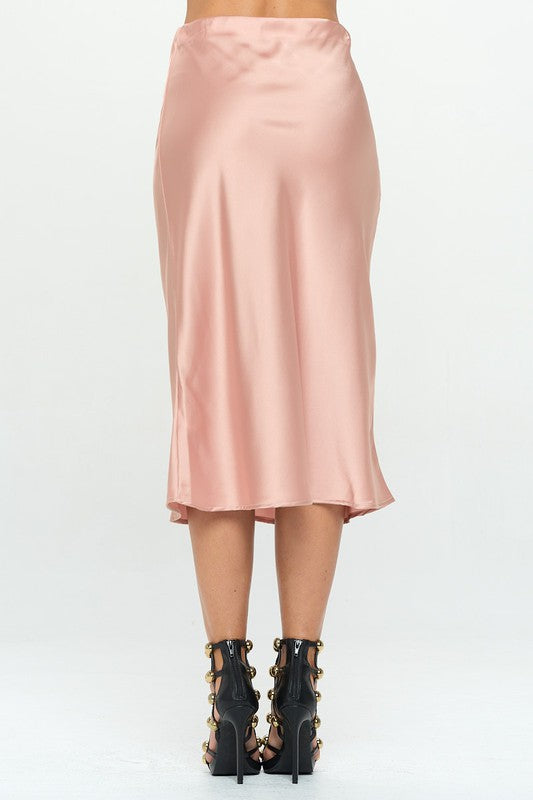 Made in USA Solid Stretch Satin Midi Skirt