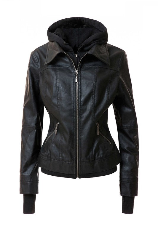 Women's Hood PU Leather Jacket