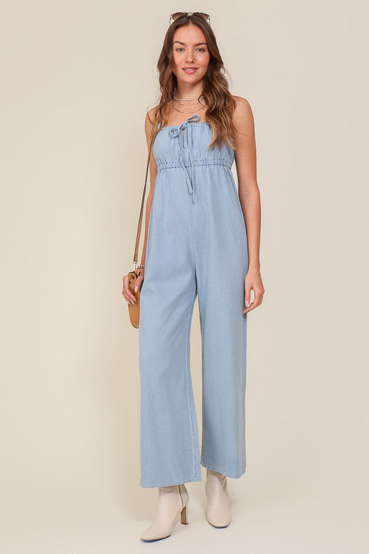 Denim Blue Sleeveless Jumpsuit With Self Jump Tie