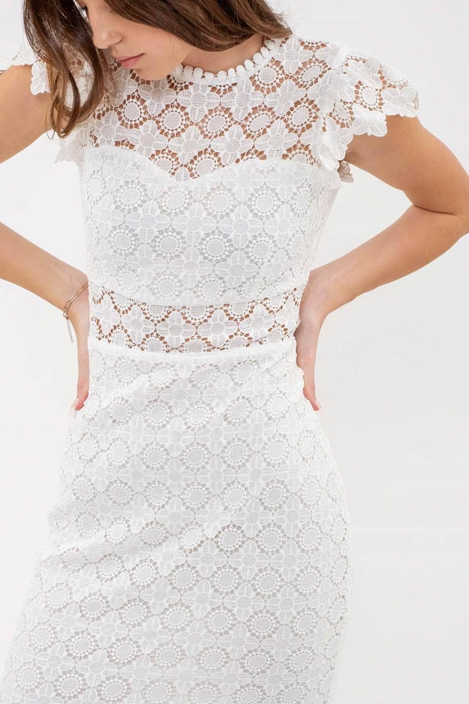 EYELET LACE RUFFLE MIDI DRESS