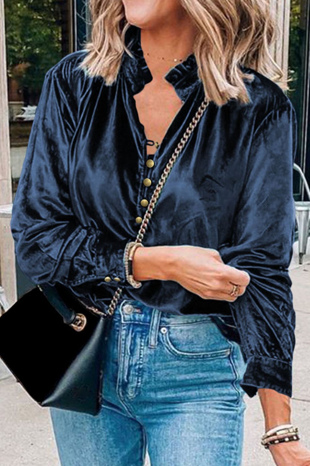 Notched Neck Buttoned Long Sleeve Velvet Blouse