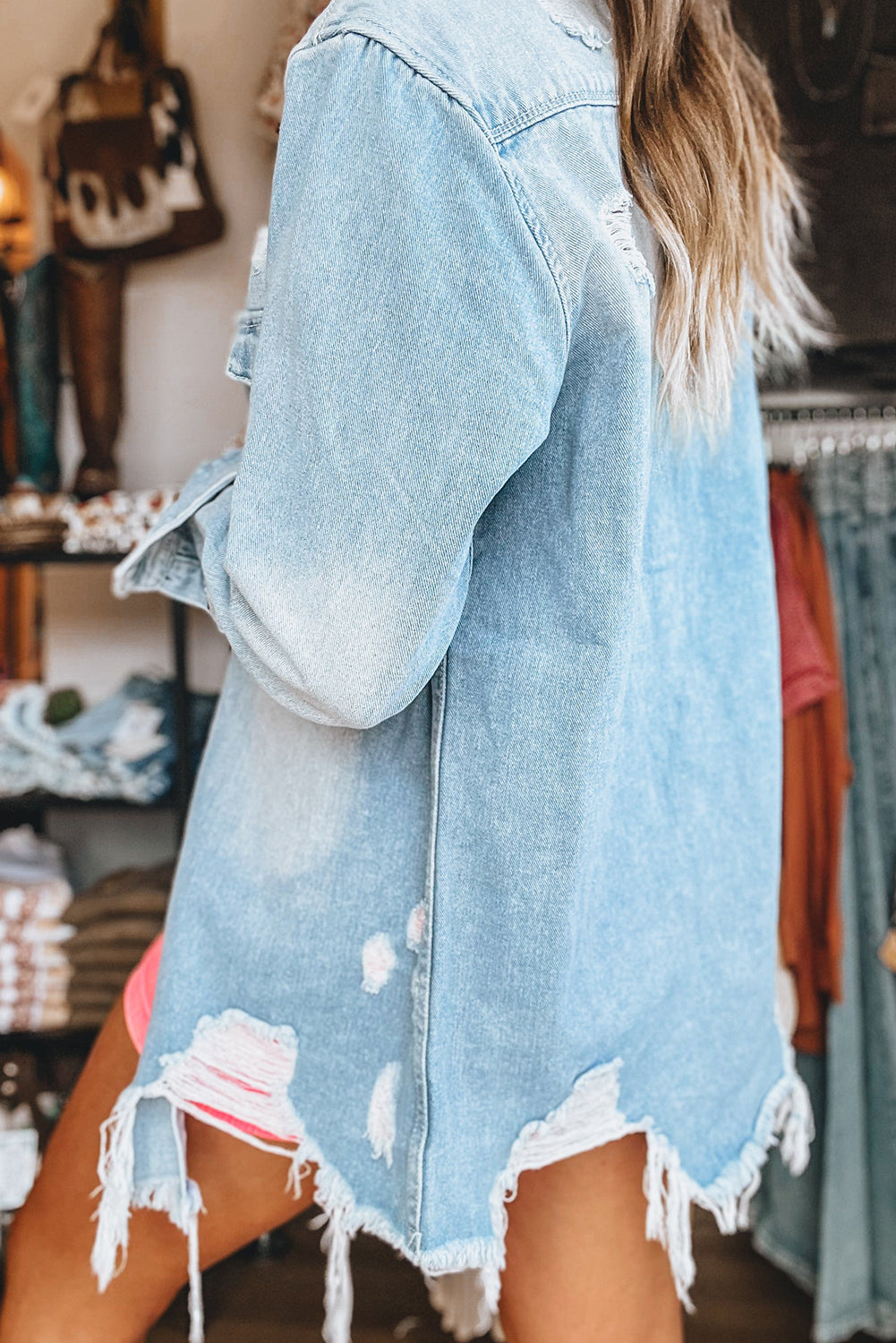 Sky Blue Mineral Wash Distressed Frayed Long Denim Jacket