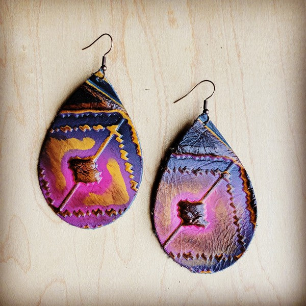 Leather Teardrop Earring-Magenta Navajo