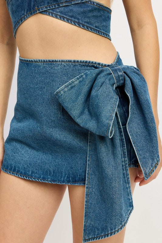 DENIM BOW DETAIL MINI SKIRT