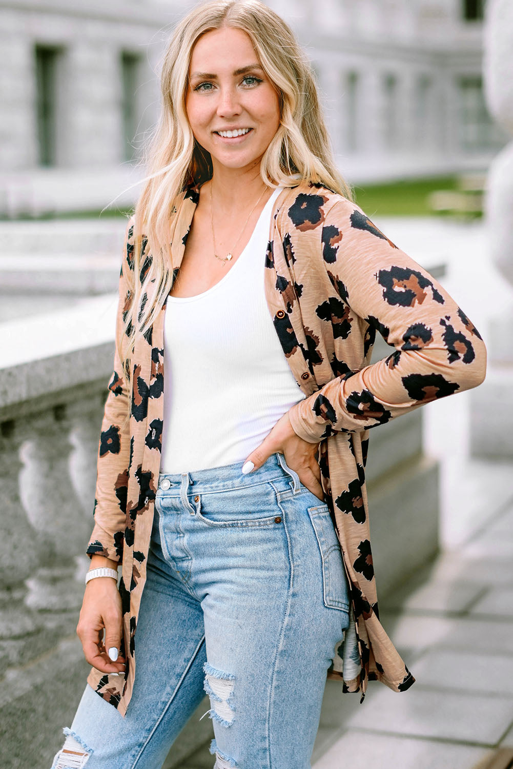 Brown Buttoned Thigh-high Length Plus Size Cardigan