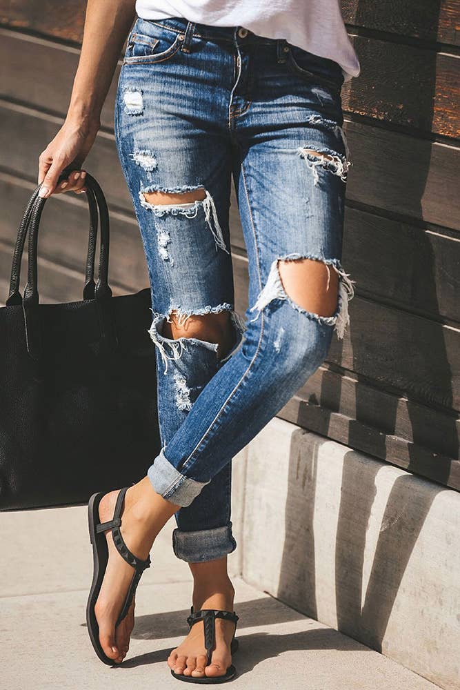 Distressed Ripped Slastic Skinny Jeans
