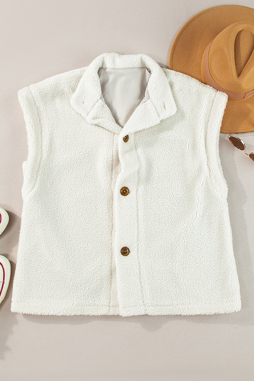 Beige Sherpa Stand Collar Jacket Vest