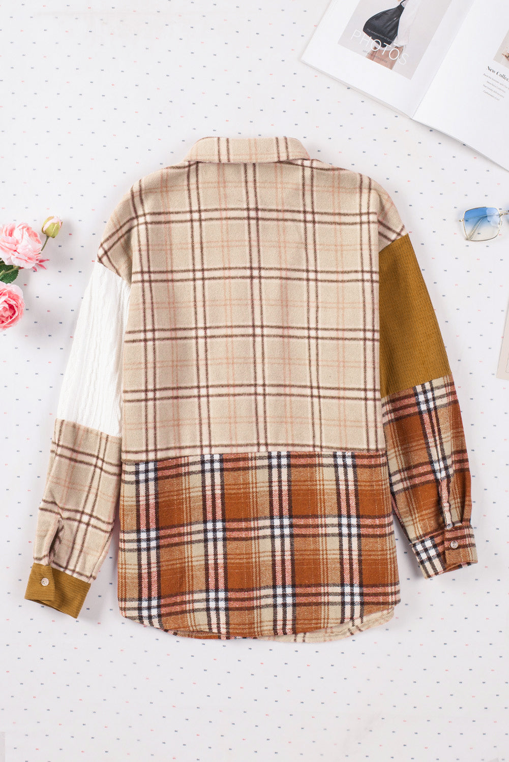 Pink Plaid Color Block Patchwork Shirt Jacket with Pocket