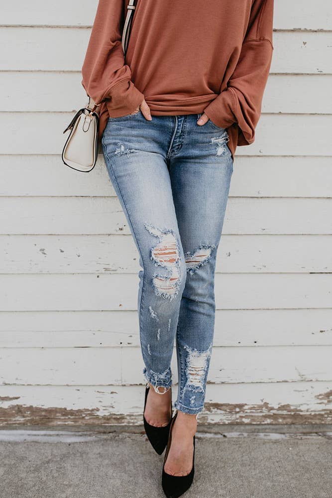 Distressed Ripped Slastic Skinny Jeans