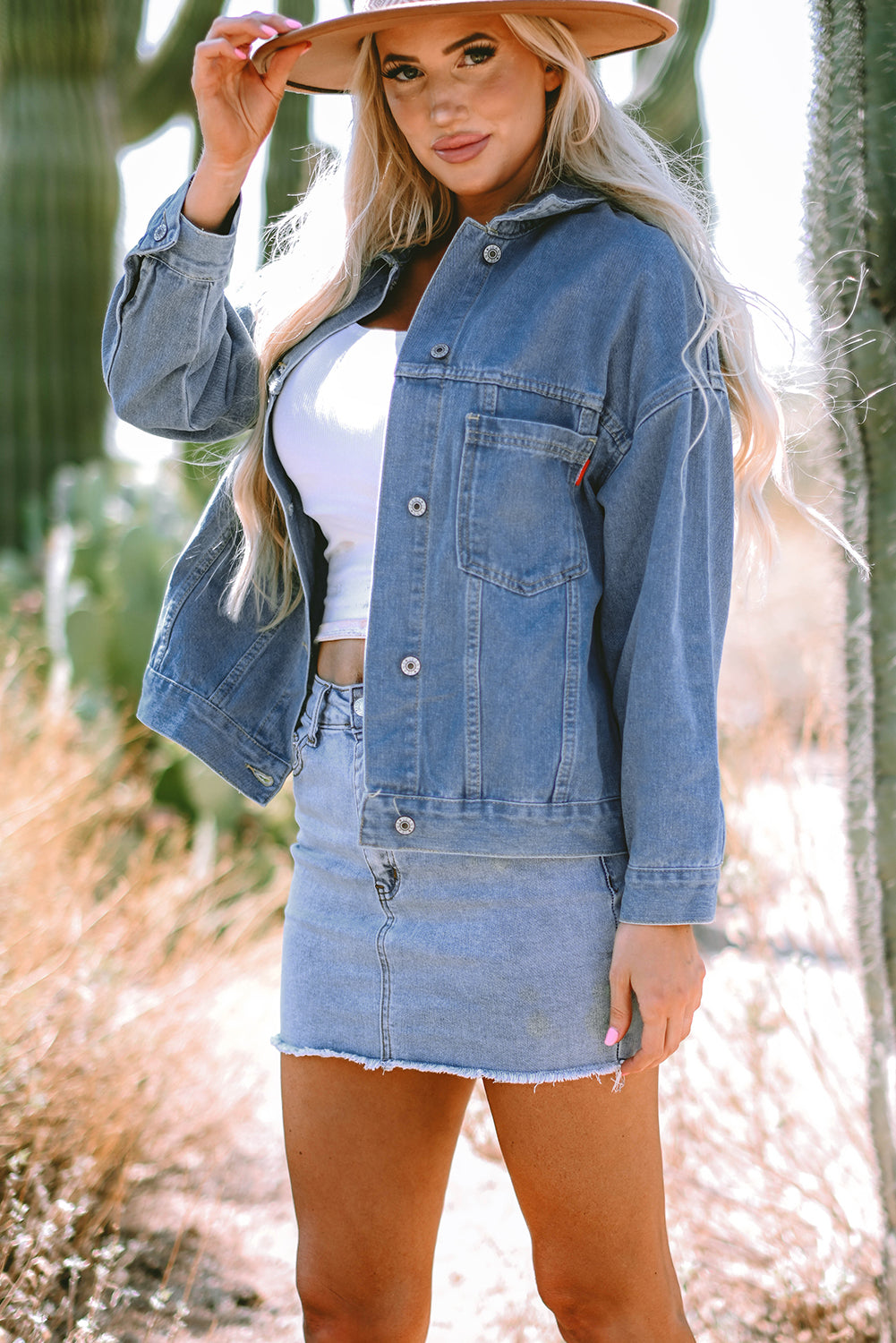 Blue Stripe Washed Oversize Pocketed Denim Jacket