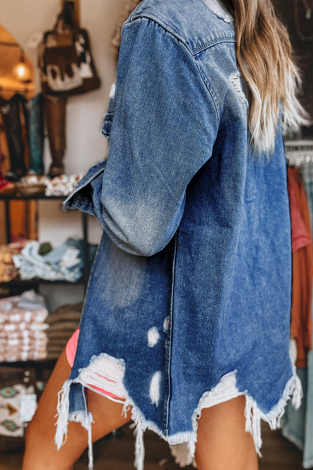 Sky Blue Mineral Wash Distressed Frayed Long Denim Jacket