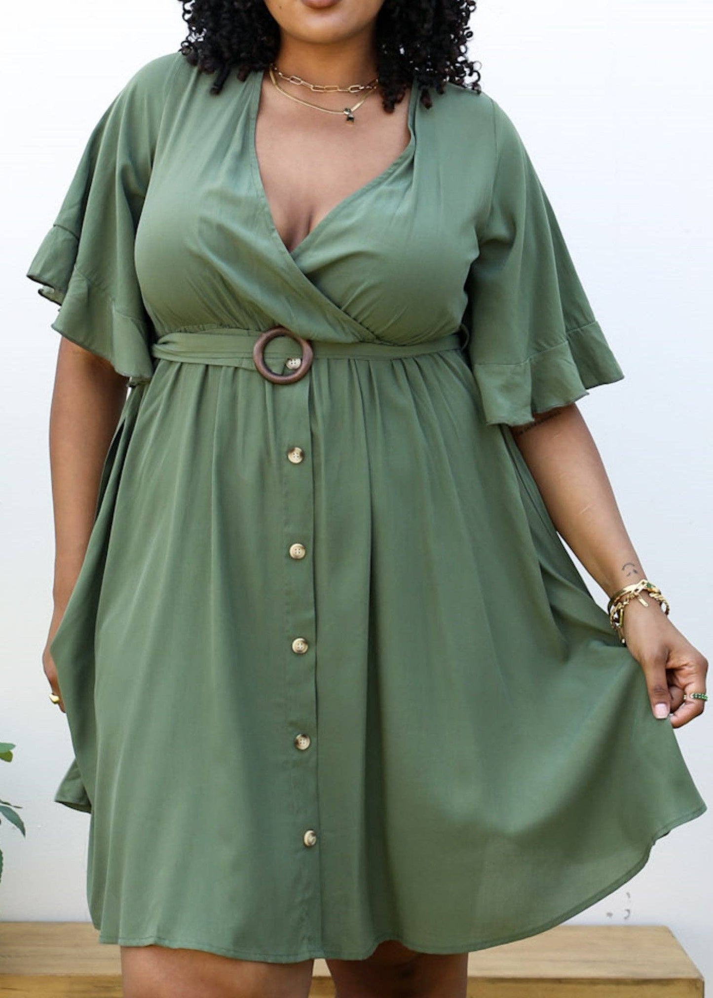 Plus Size O-Ring Tied Belt Waist Butterfly Flare Sleeve Midi