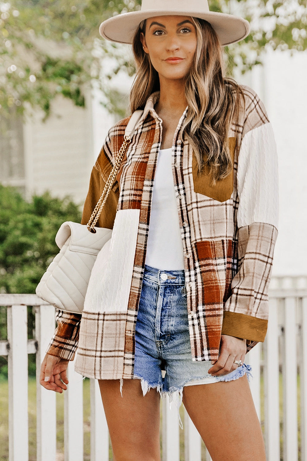 Pink Plaid Color Block Patchwork Shirt Jacket with Pocket