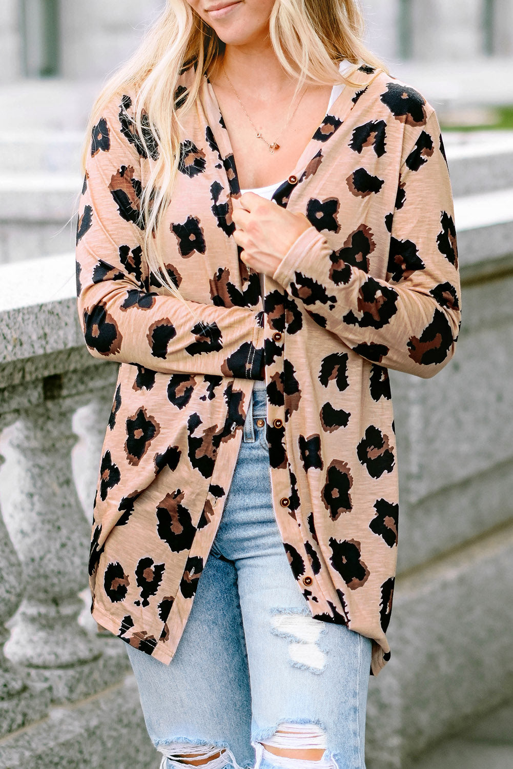 Brown Buttoned Thigh-high Length Plus Size Cardigan