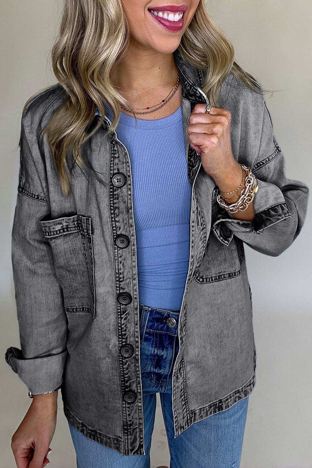 Medium Grey Mineral Wash Patched Pocket Split Denim Jacket