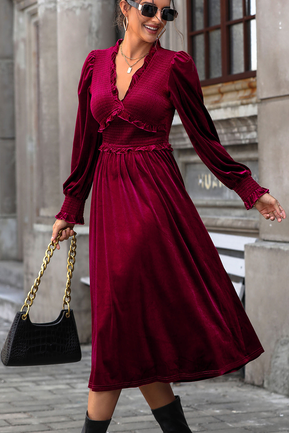 Smocked Lantern Sleeve Midi Dress