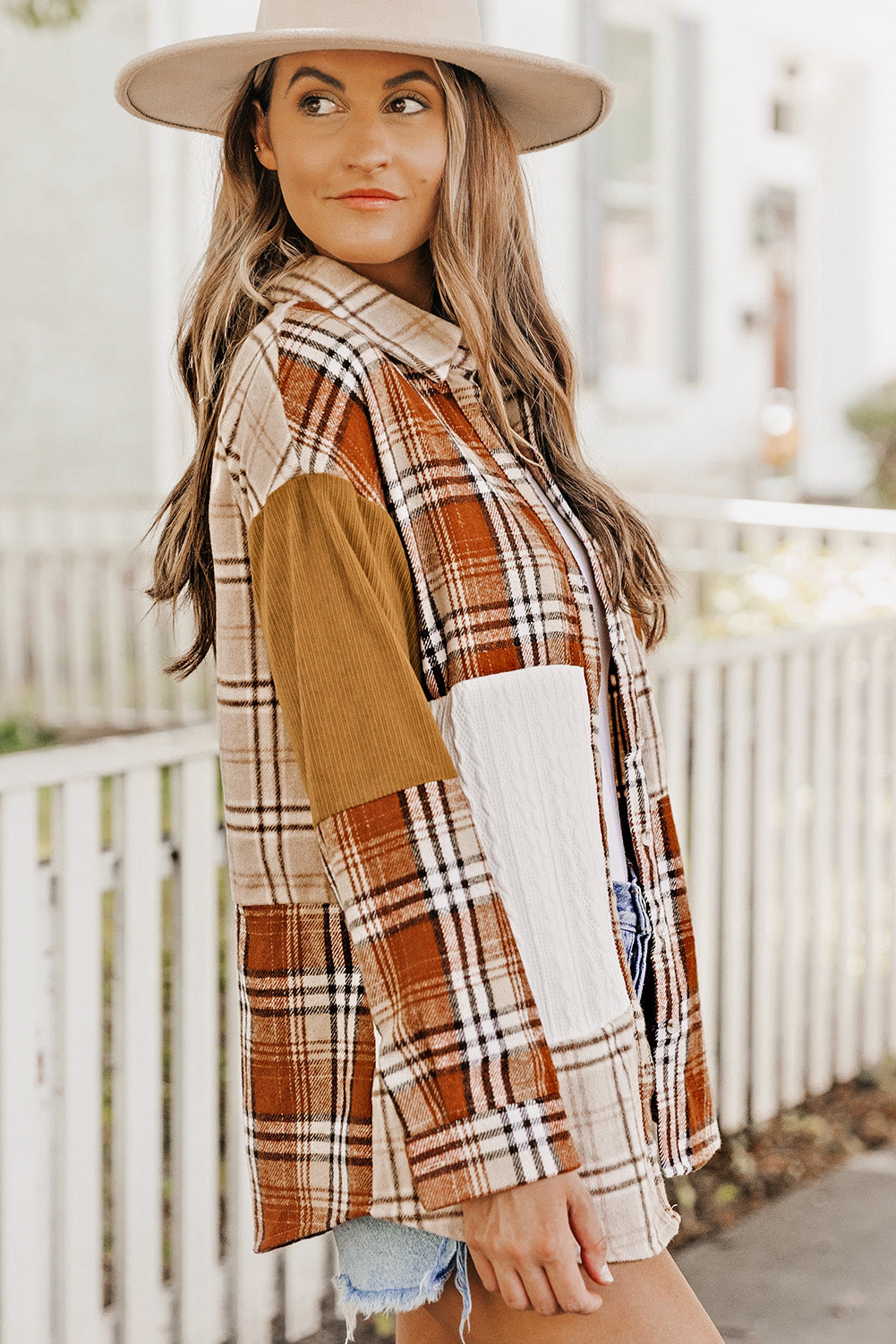 Pink Plaid Color Block Patchwork Shirt Jacket with Pocket