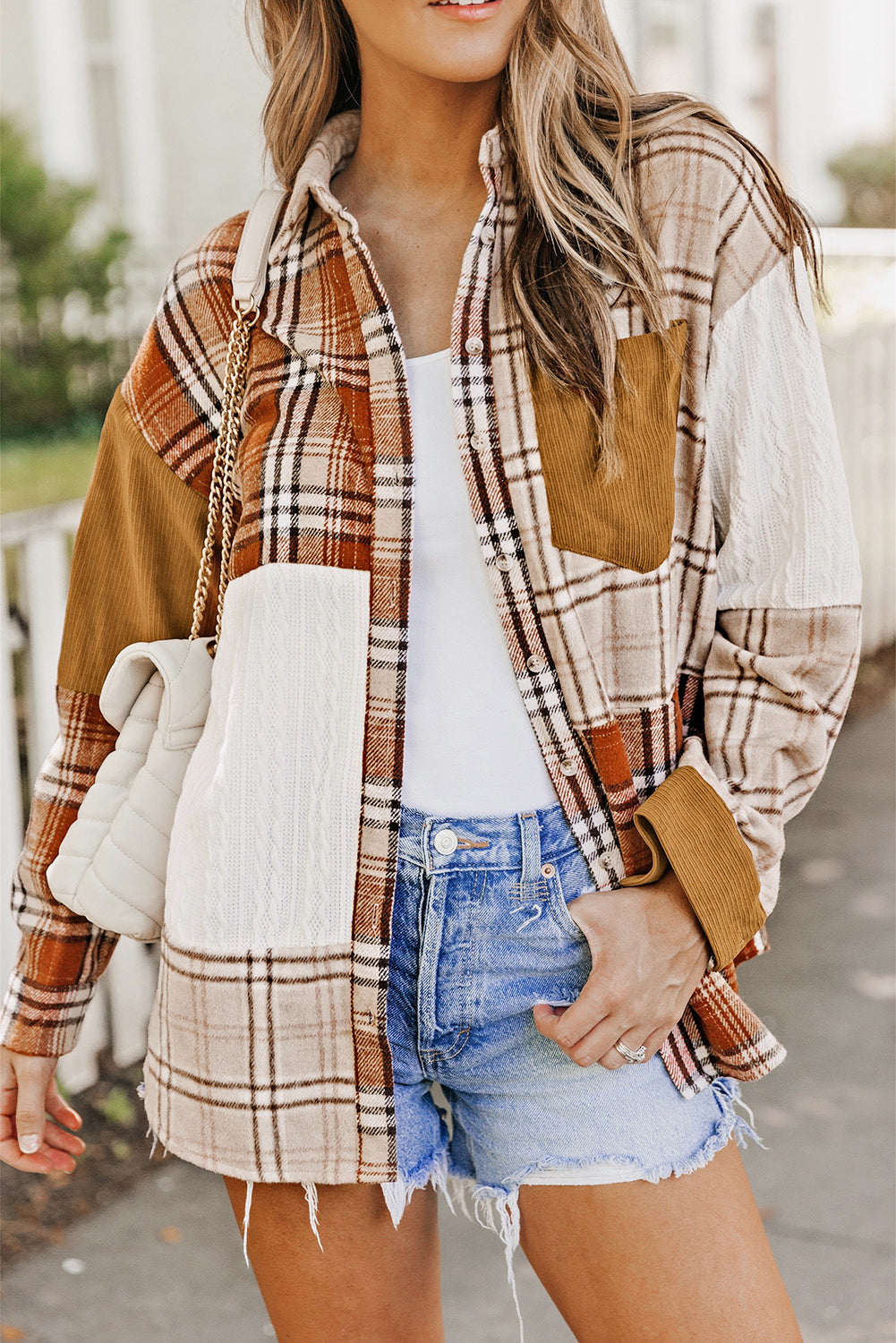 Pink Plaid Color Block Patchwork Shirt Jacket with Pocket