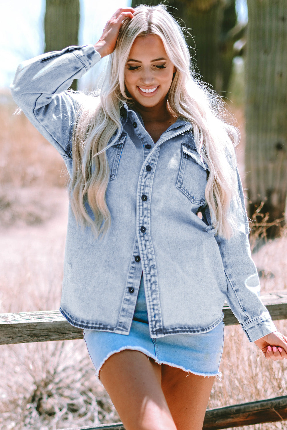 Mist Blue Oversized Contrast Hooded Denim Jacket