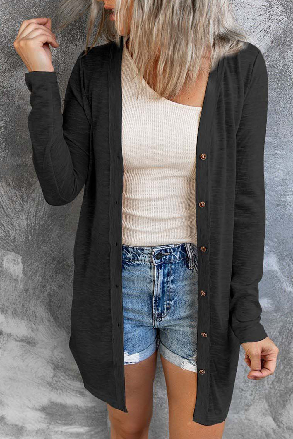 Brown Buttoned Thigh-high Length Plus Size Cardigan