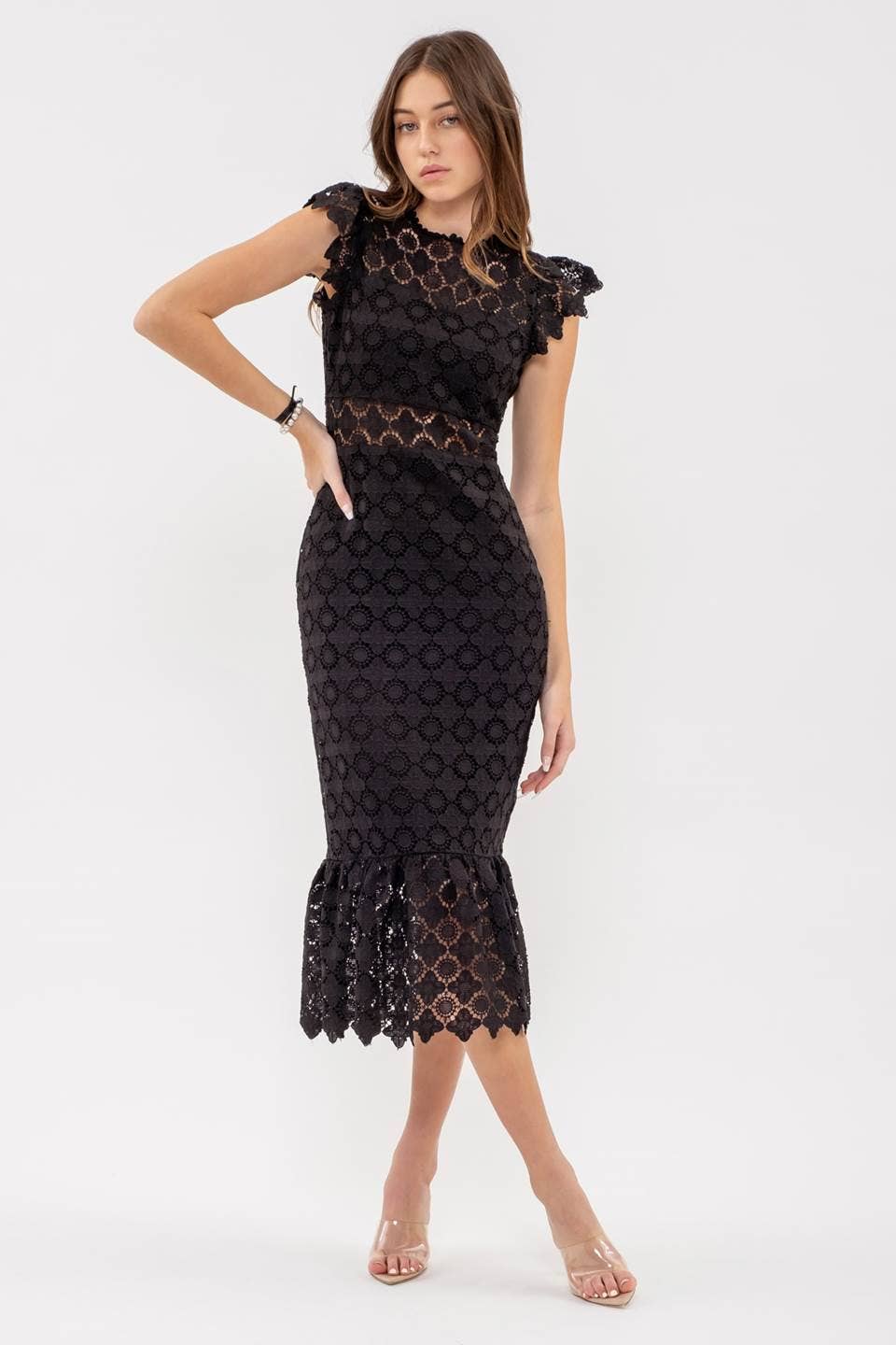 EYELET LACE RUFFLE MIDI DRESS