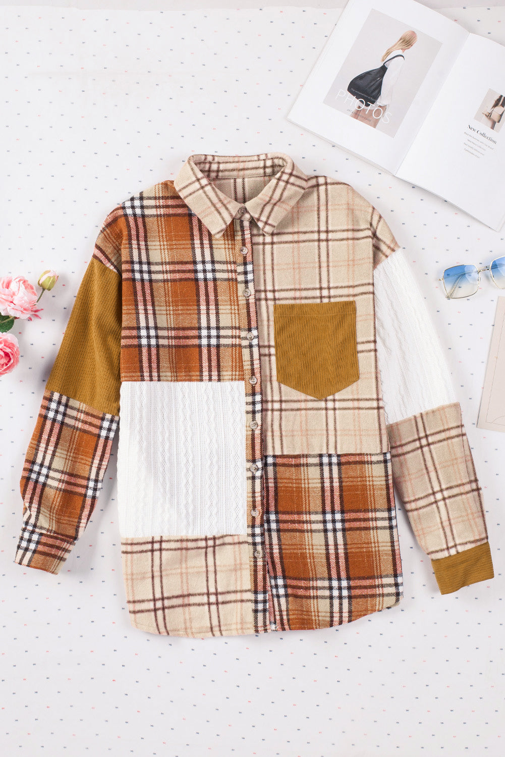 Pink Plaid Color Block Patchwork Shirt Jacket with Pocket