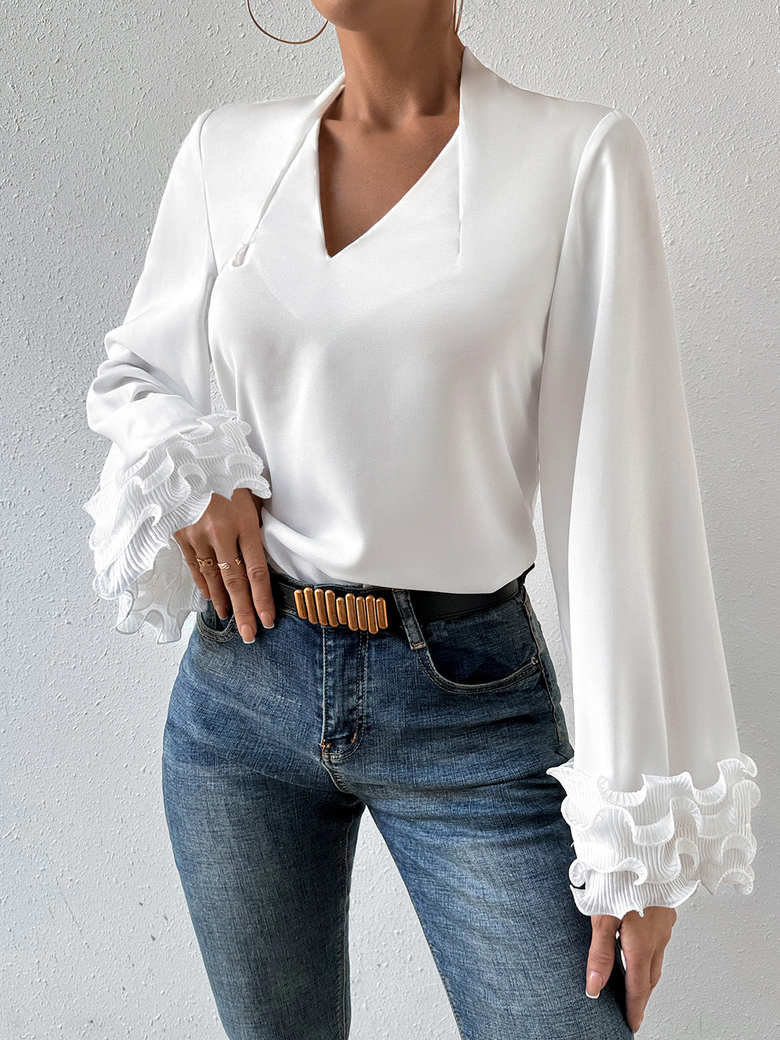 Lettuce Hem V-Neck Long Sleeve Blouse