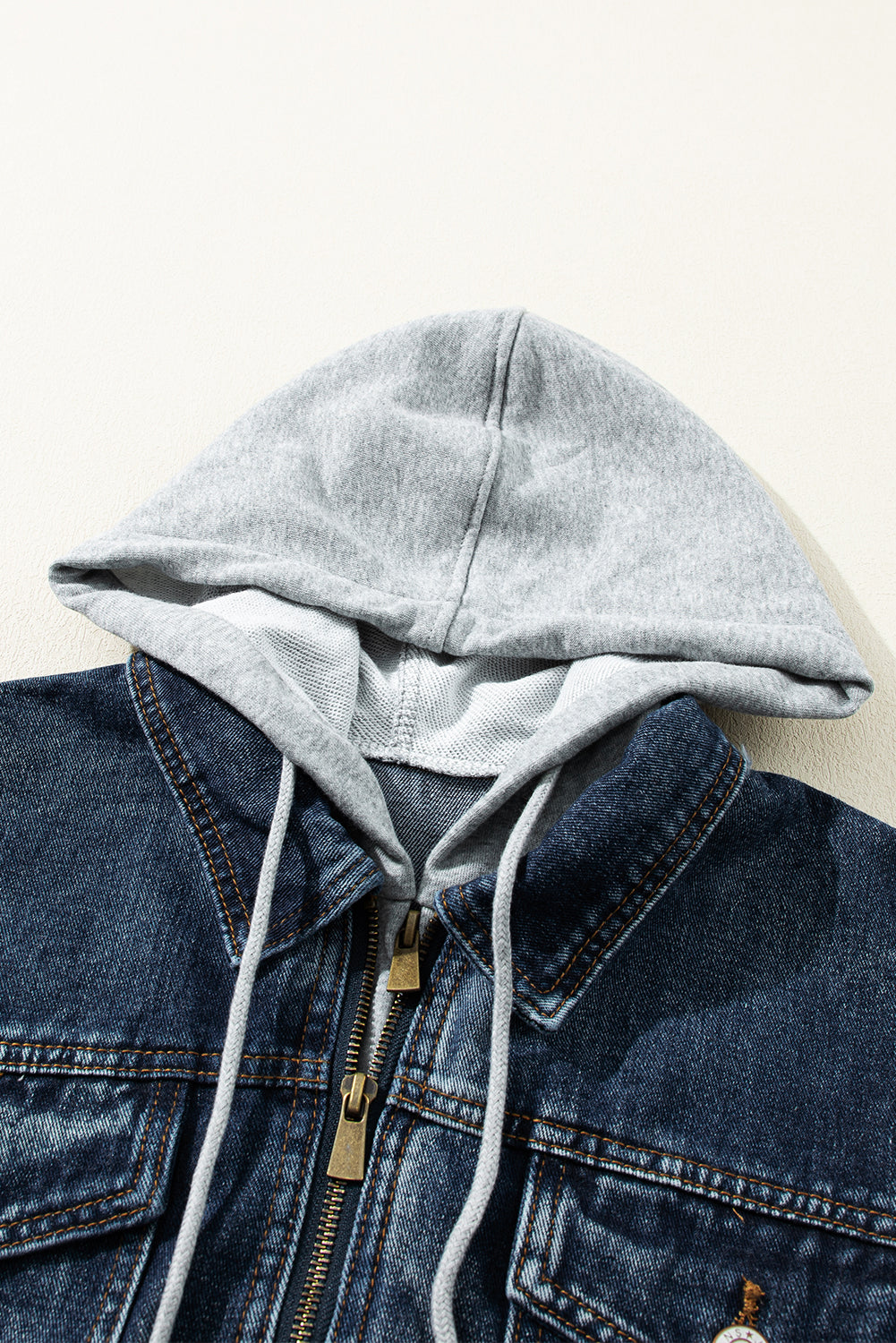 Black Fake Two-Piece Hooded Zip-Up Denim Jacket