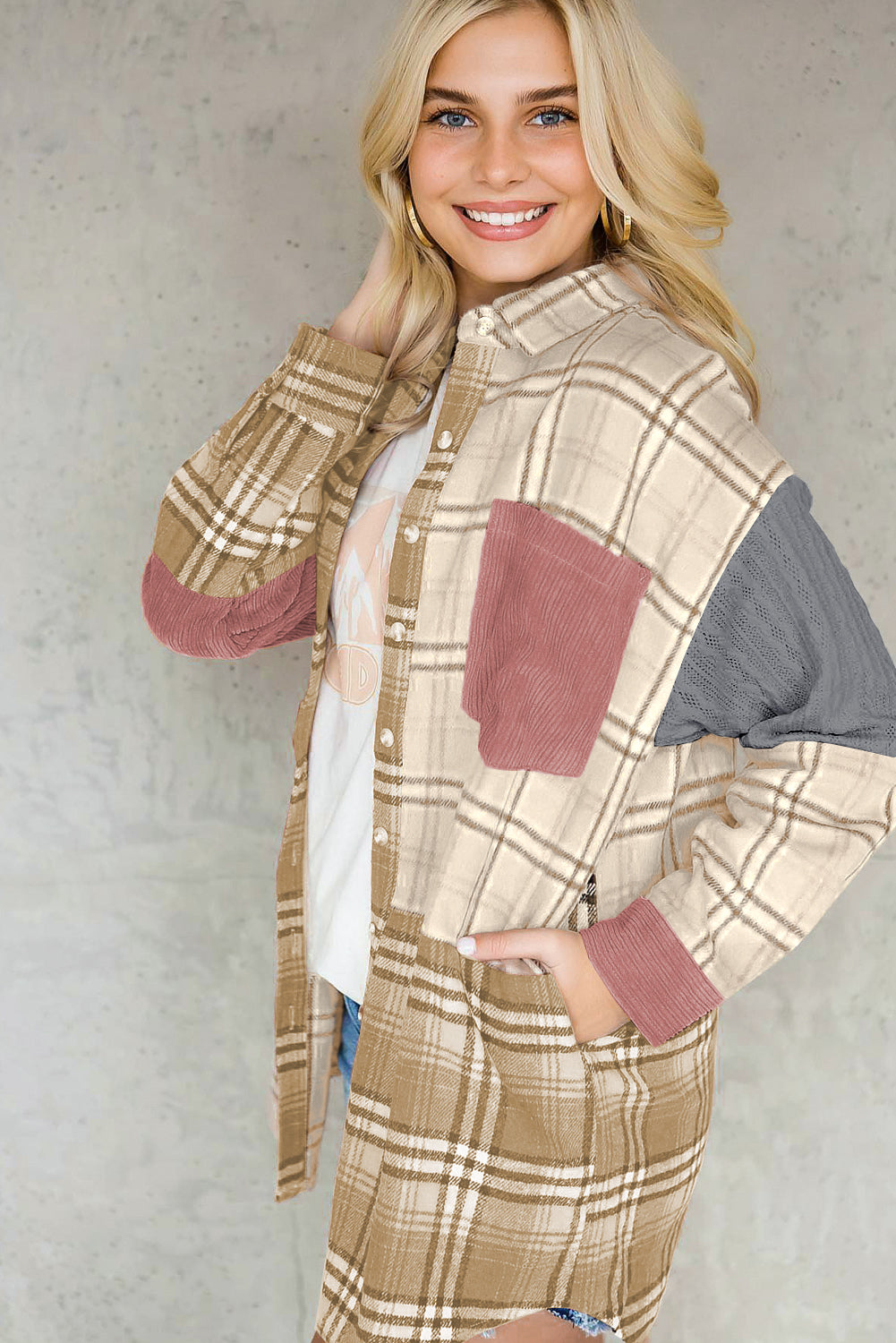 Pink Plaid Color Block Patchwork Shirt Jacket with Pocket