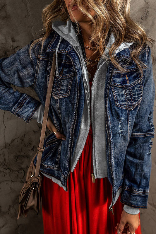 Two-Piece Hooded Zip-Up Denim Jacket
