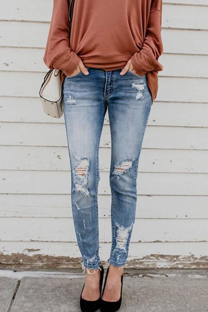 Distressed Ripped Slastic Skinny Jeans