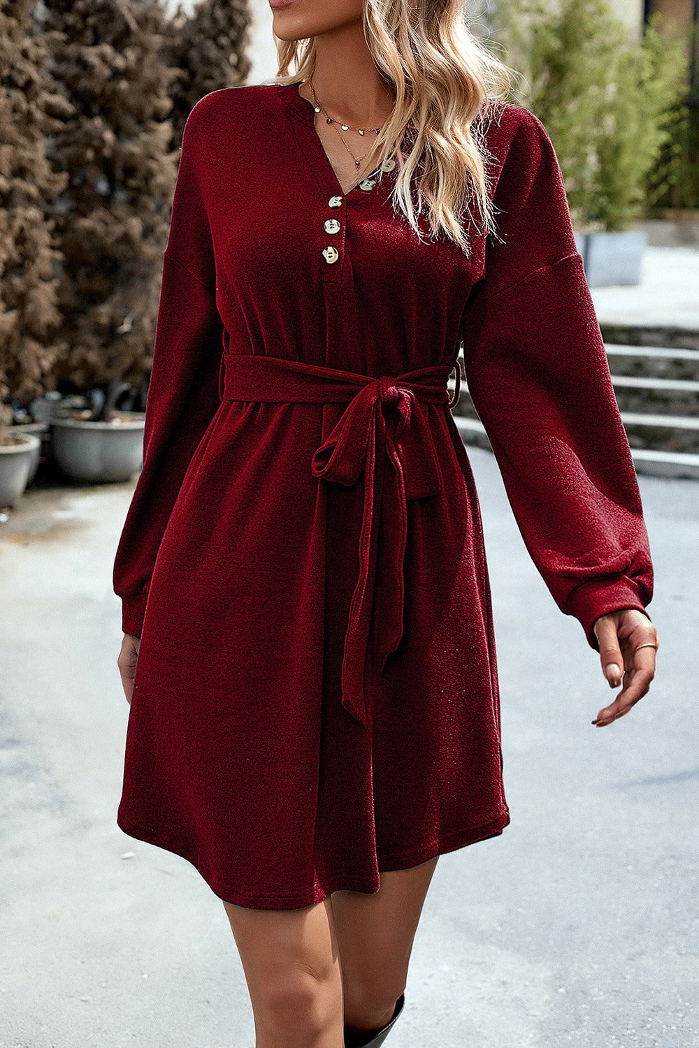 Notched Tie Waist Dropped Shoulder Mini Dress