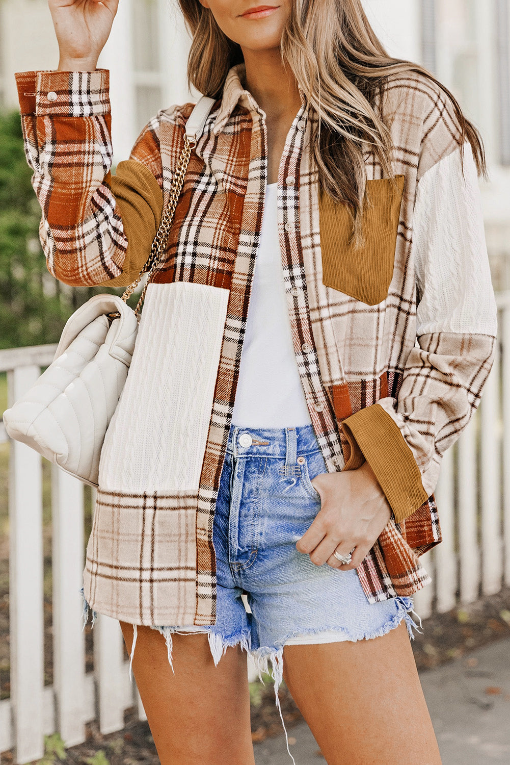 Pink Plaid Color Block Patchwork Shirt Jacket with Pocket