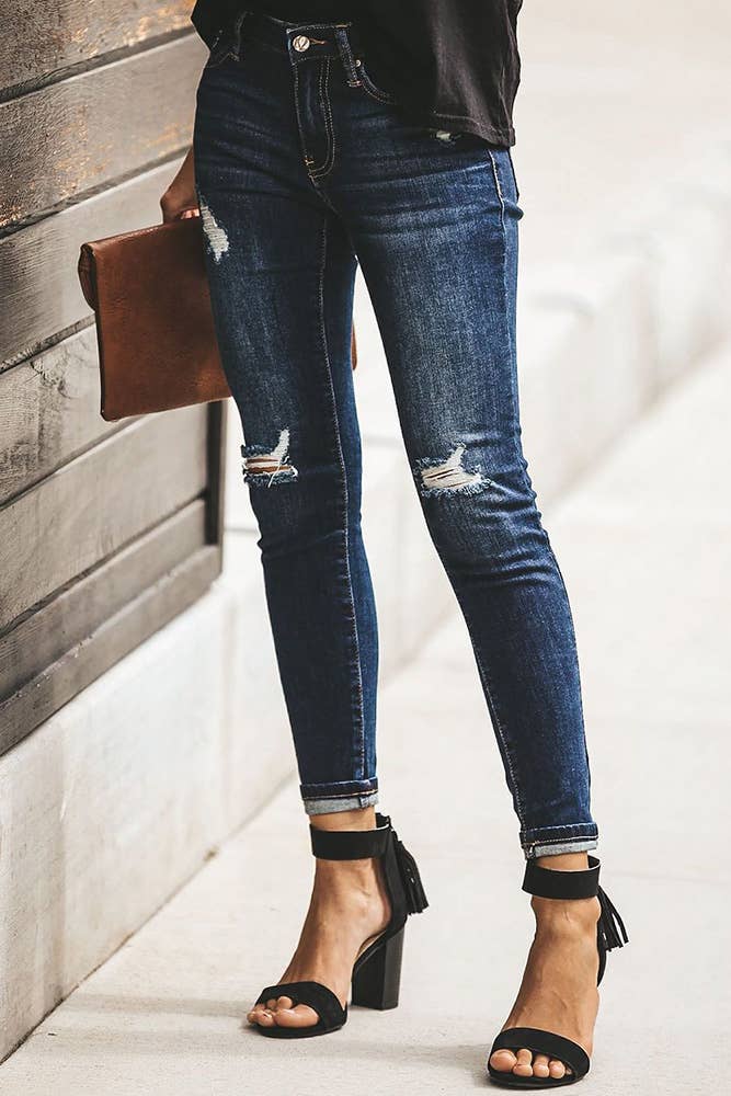 Distressed Ripped Slastic Skinny Jeans