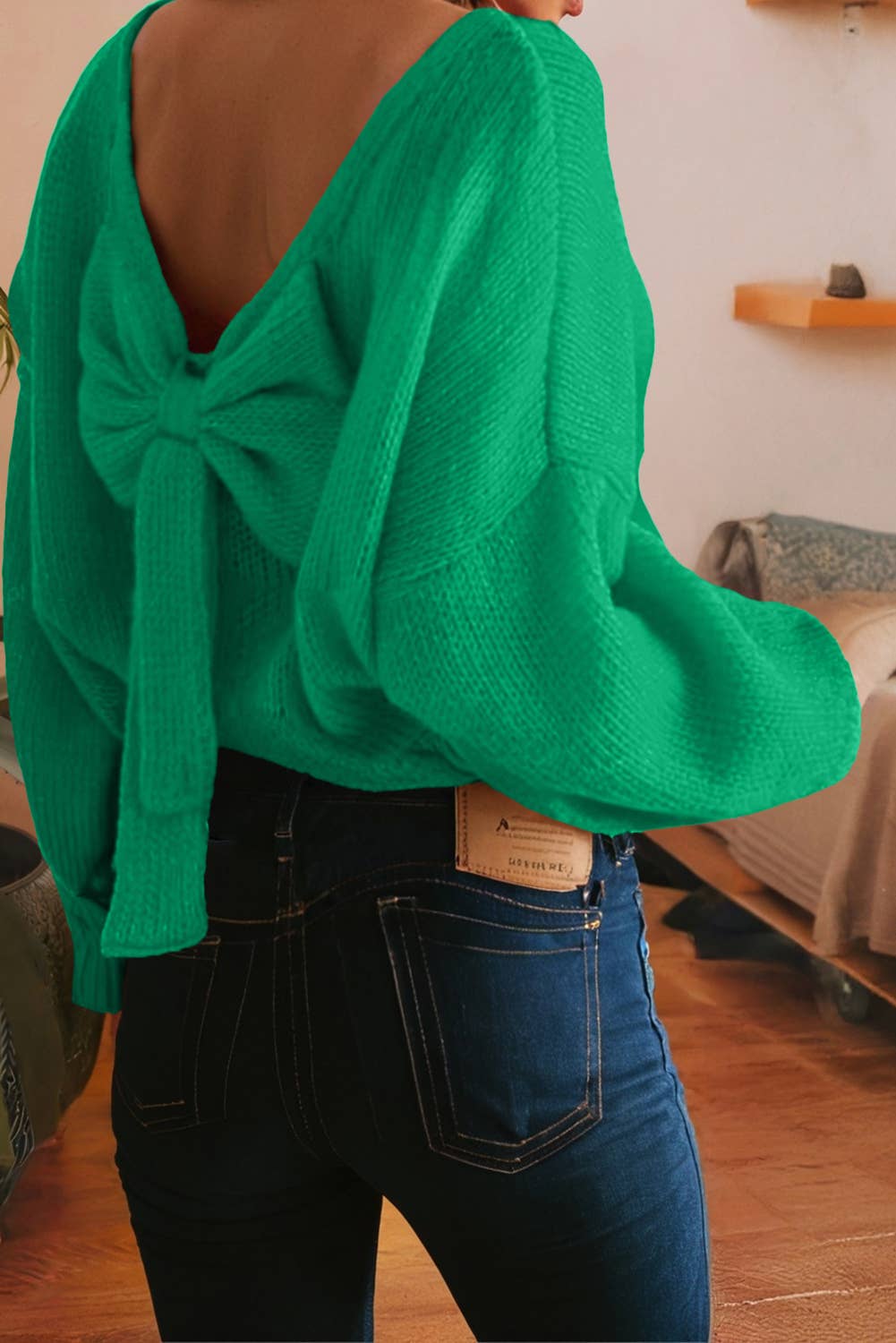 Bow Backless Bubble Sleeve Festive Sweater